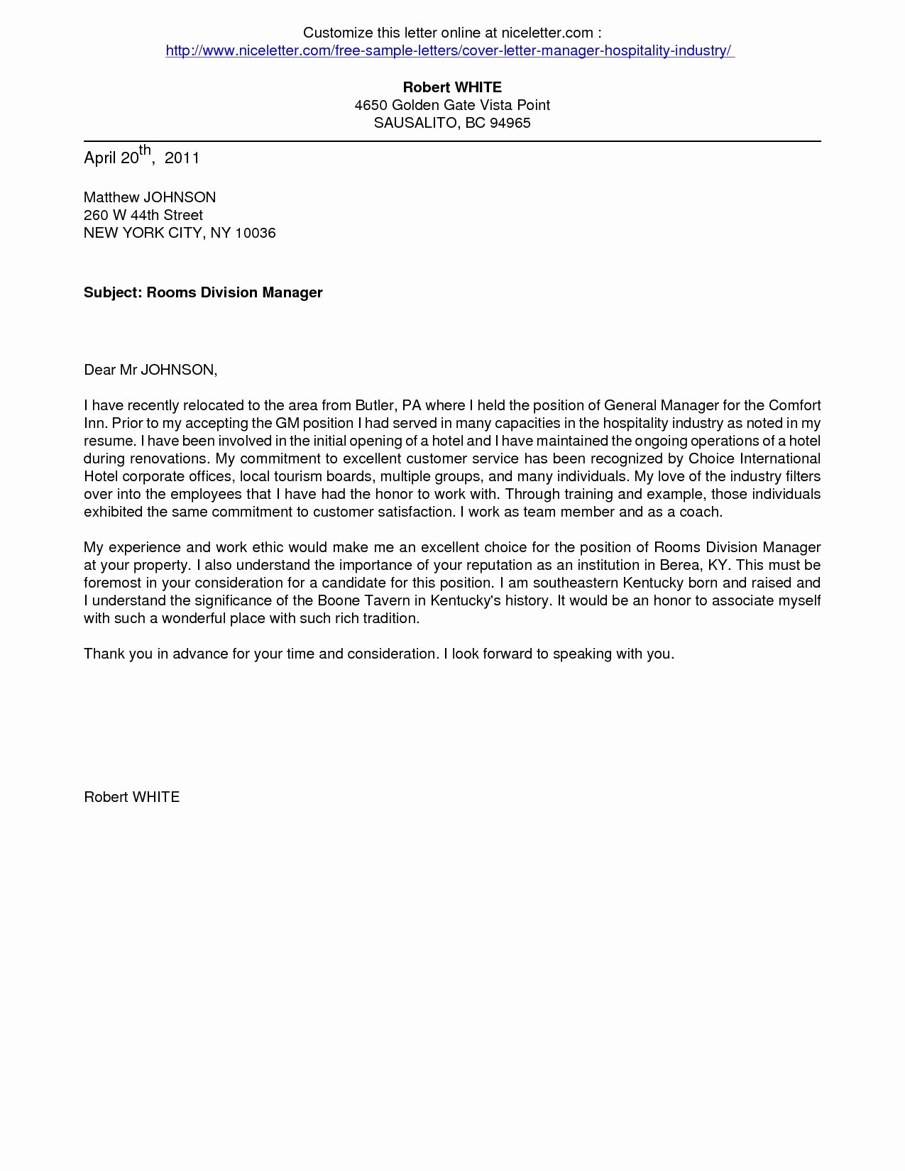 Example Cover Letter for Hotel and Restaurant
