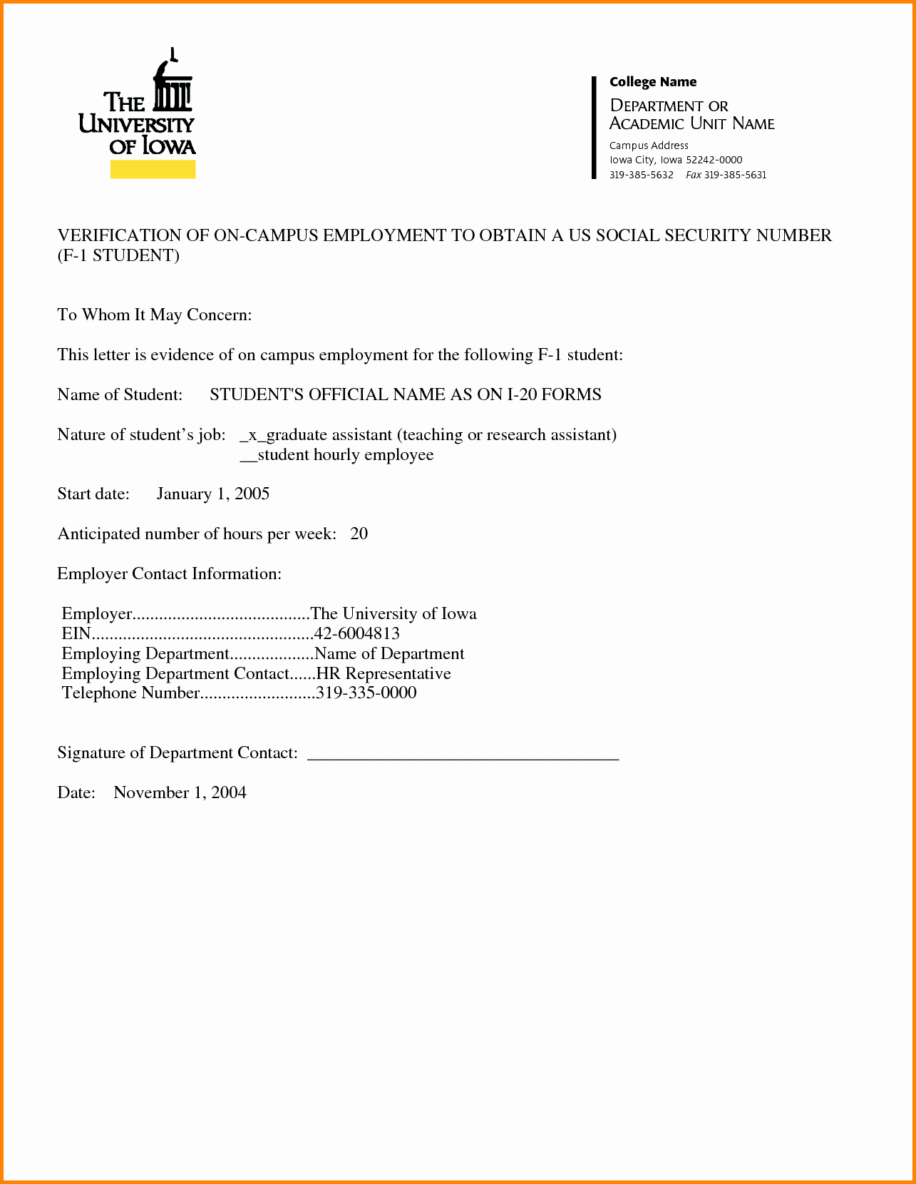 Example Employment Verification Letter