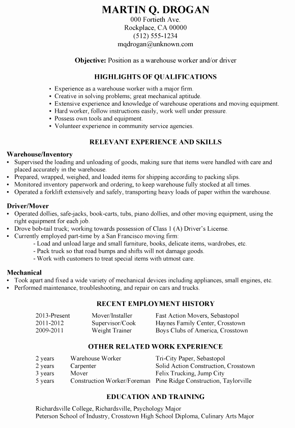 Example Of A Functional Resume for A Warehouse Worker or