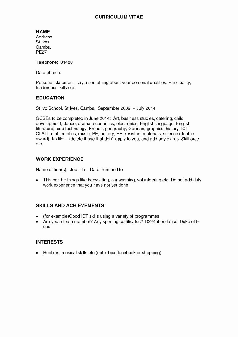 Example Personal Statements for Cv No Work Experience