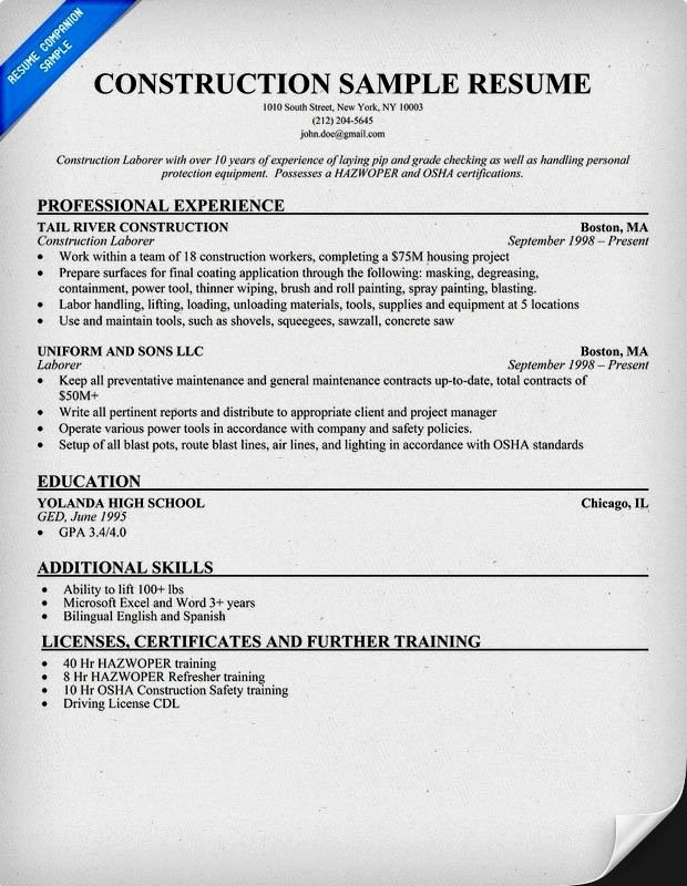 Example Resume Construction Worker