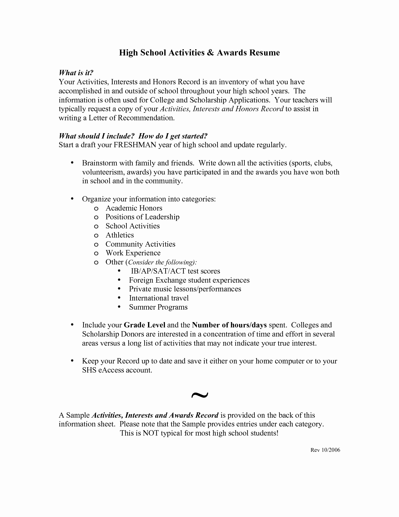 Example Resume for High School Student for College