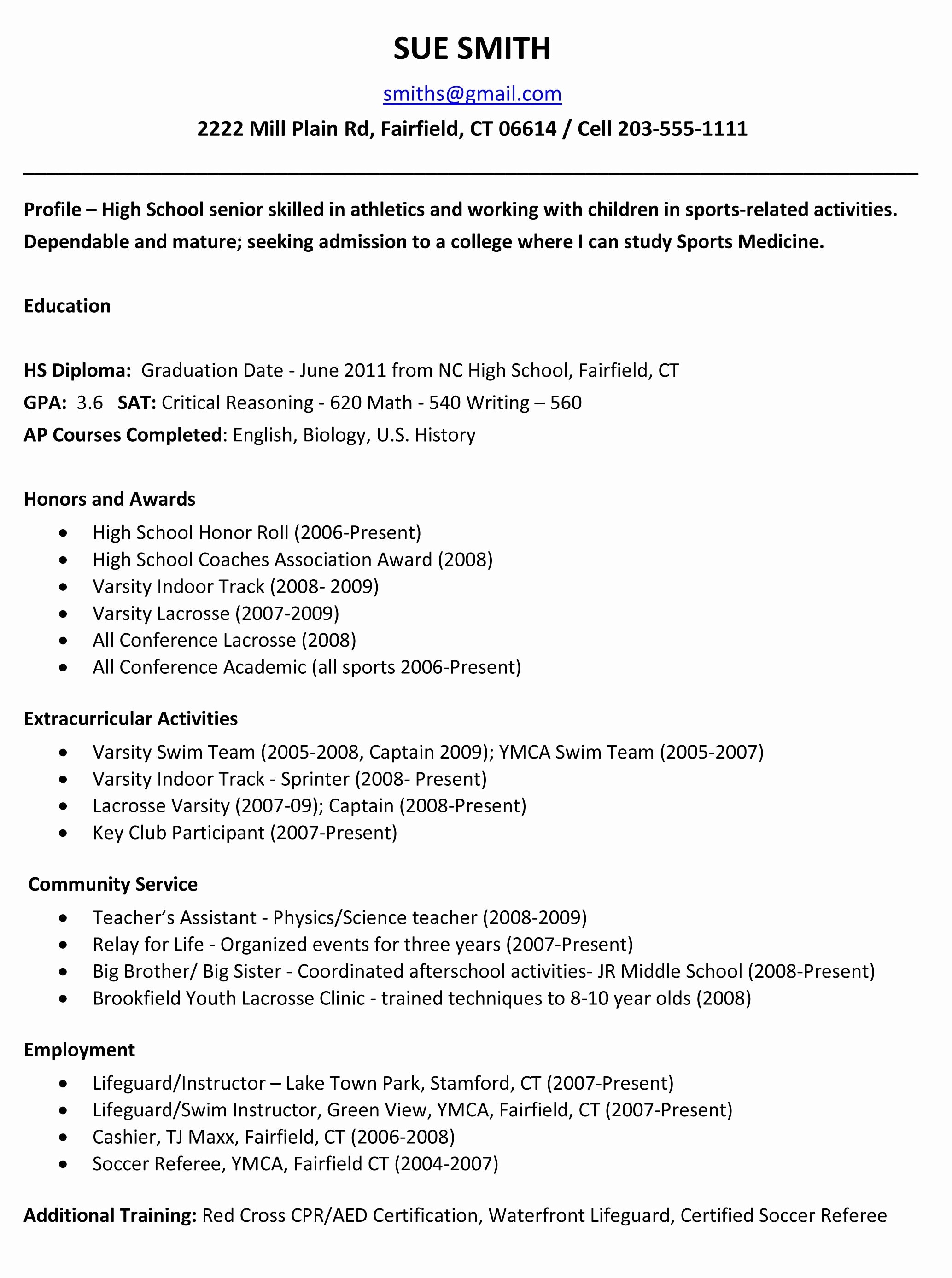 Example Resume for High School Students for College