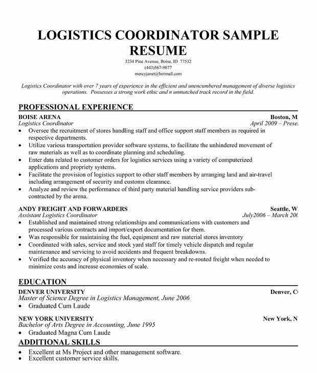 Example Resume Logistics Coordinator Resume Sample