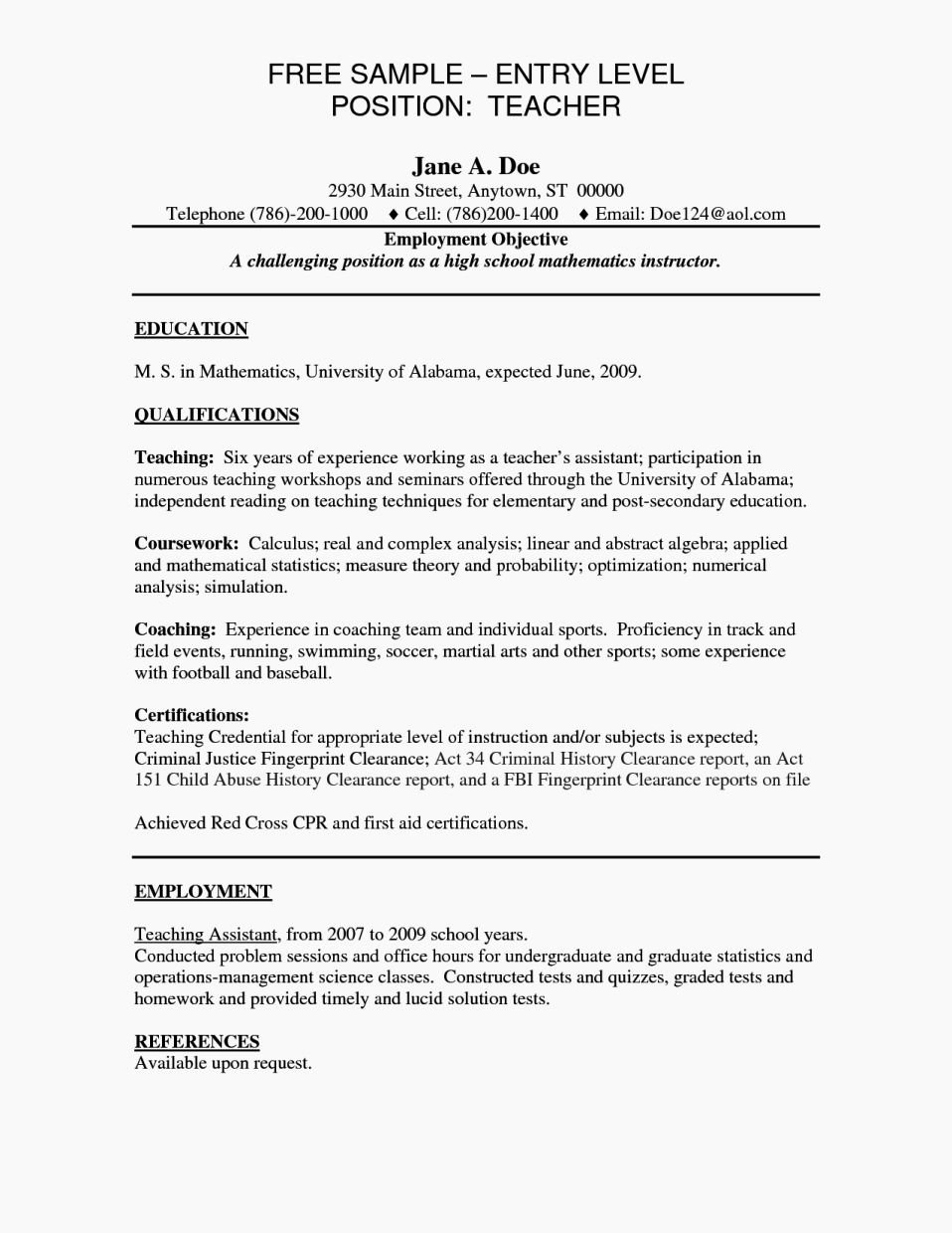 Examples Resumes for Entry Level Jobs
