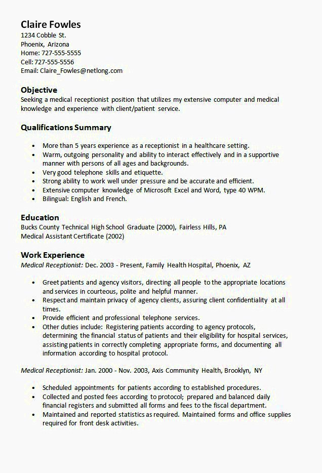 Examples Resumes for Receptionist