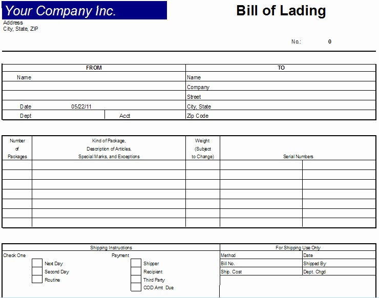 Excel Bill Lading Template