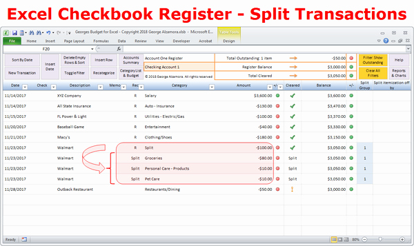 Excel Bud Spreadsheet and Checkbook Register software
