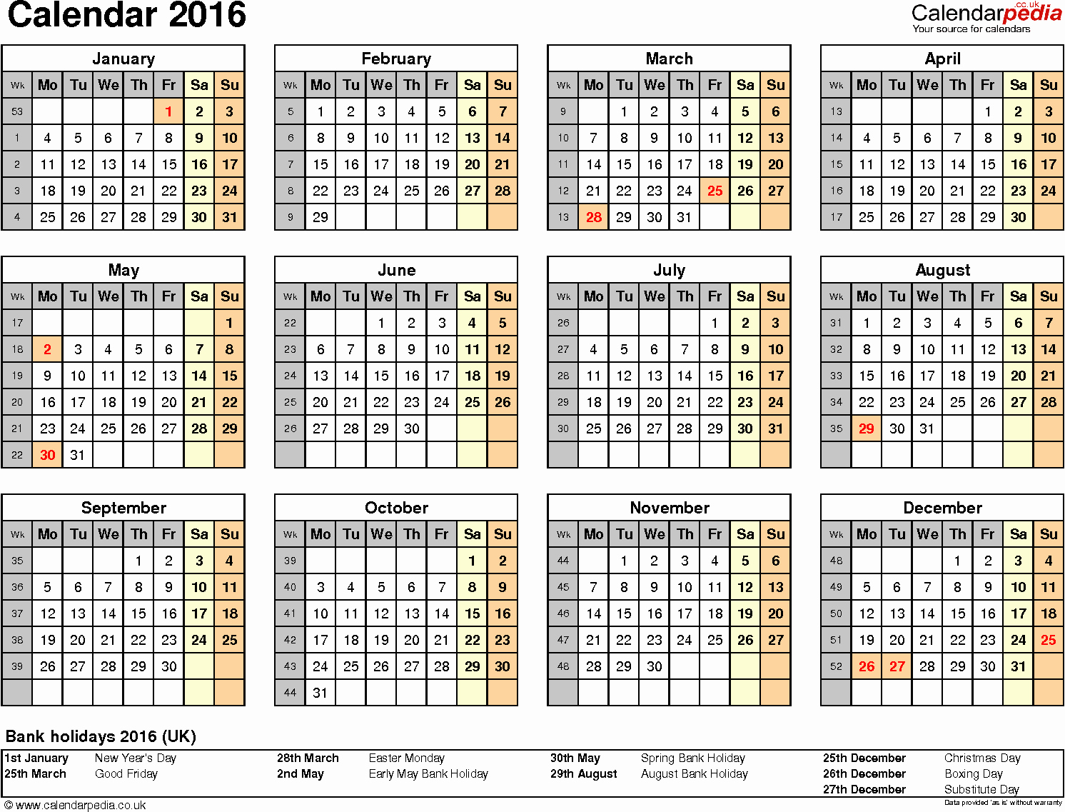 Excel Calendar 2016 Uk 16 Printable Templates Xlsx Free