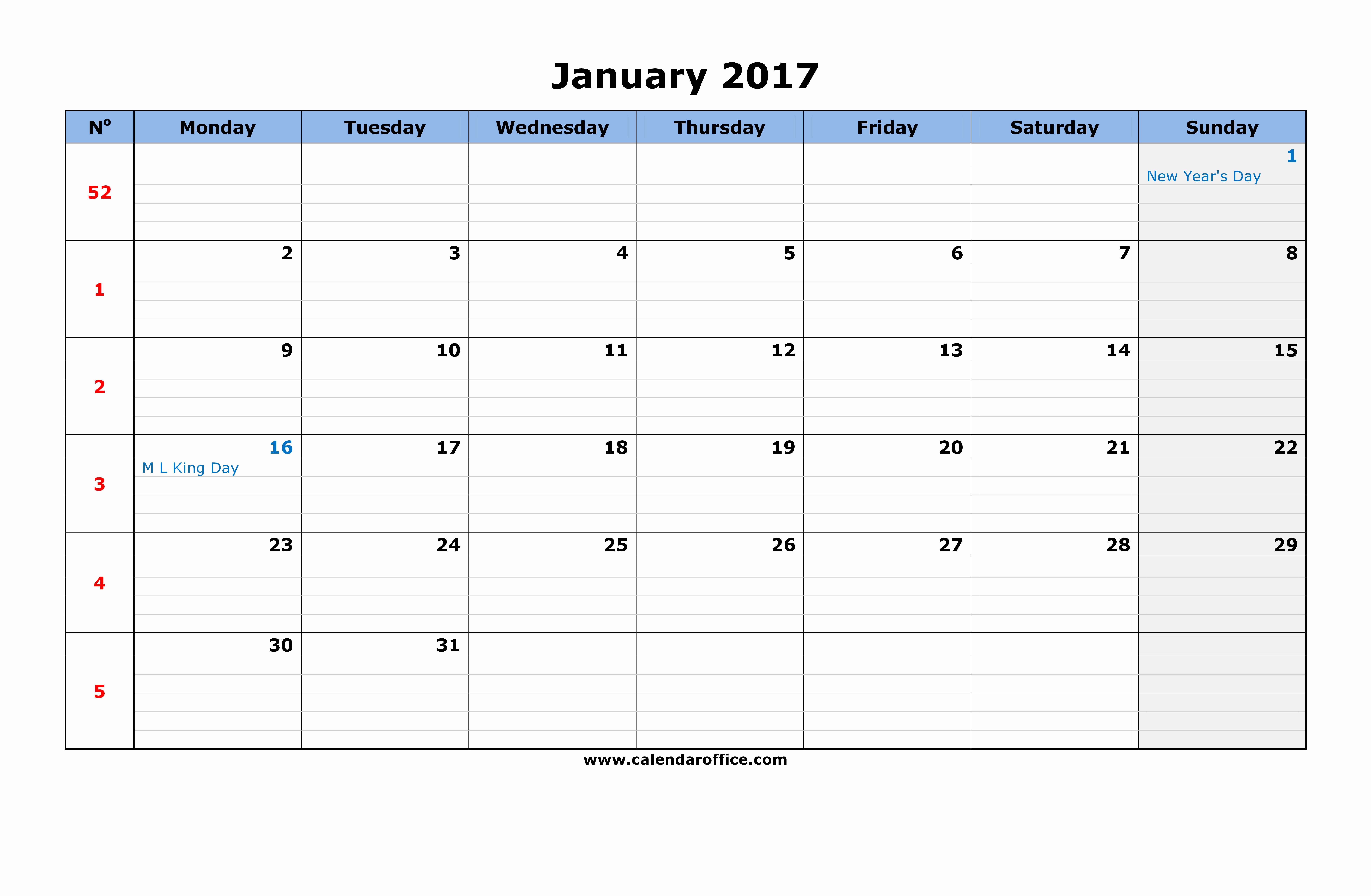 Excel Calendar Template 2017
