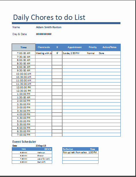 Excel Daily Chores to Do List Template