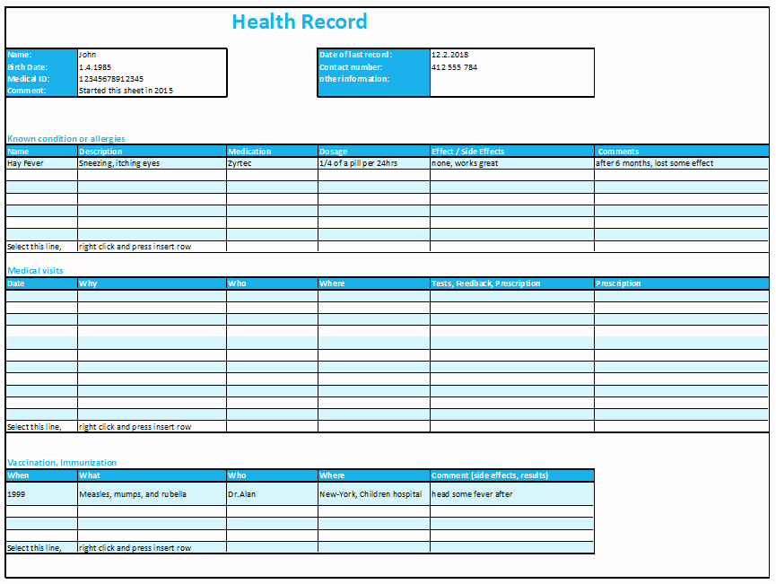 Excel Health Record Tracking Log Template by Excelmadeeasy