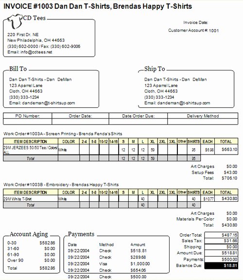Excel Shirt Invoice Template