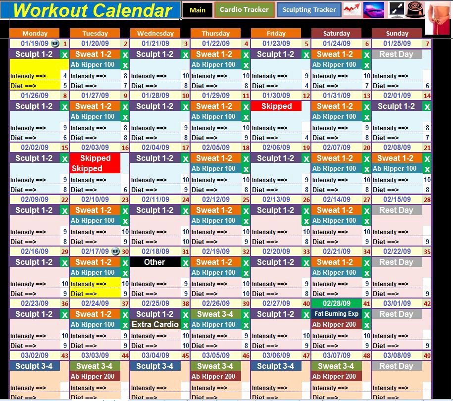 Excel Spreadsheet Calendar &amp; Workout Tracker tool for