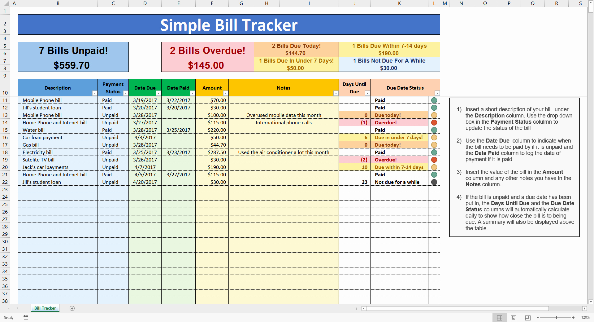 Excel Spreadsheet for Bills