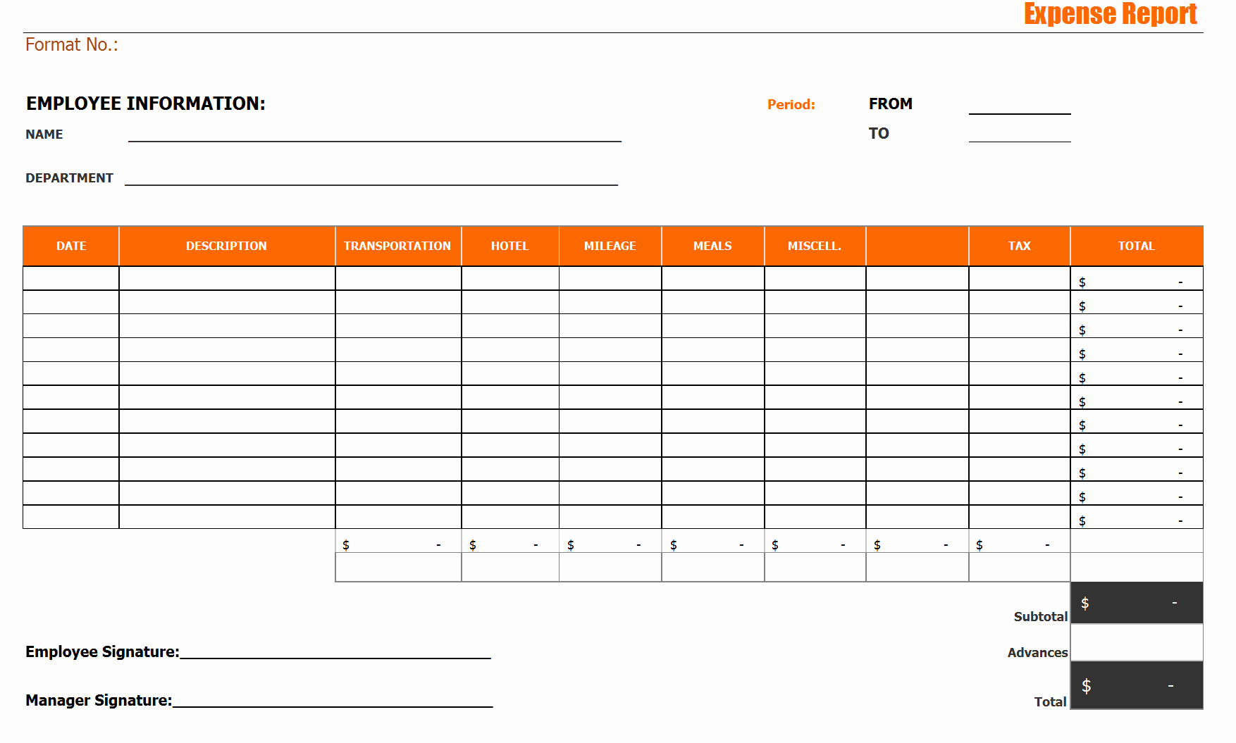 Exceptional Basic Expense Report form with orange Table