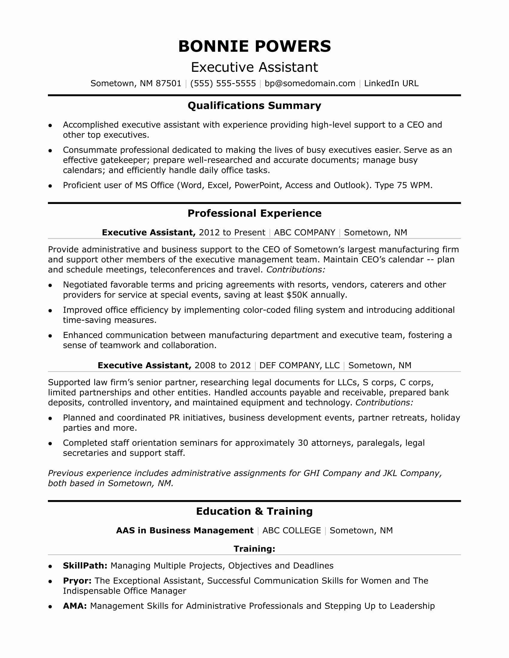 Executive Administrative assistant Resume Sample