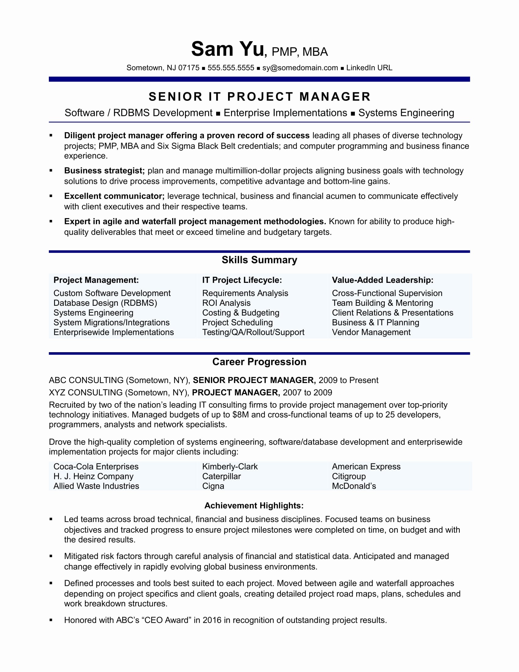 Experienced It Project Manager Resume Sample