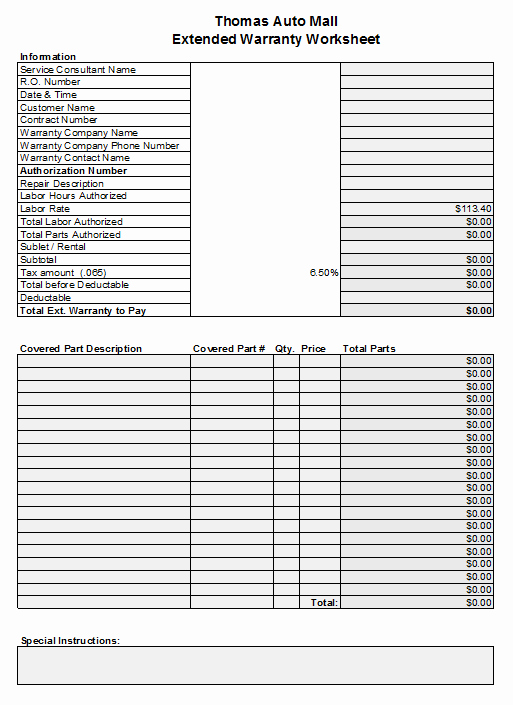 Extended Warranty Invoice Template for Auto Repair Shop