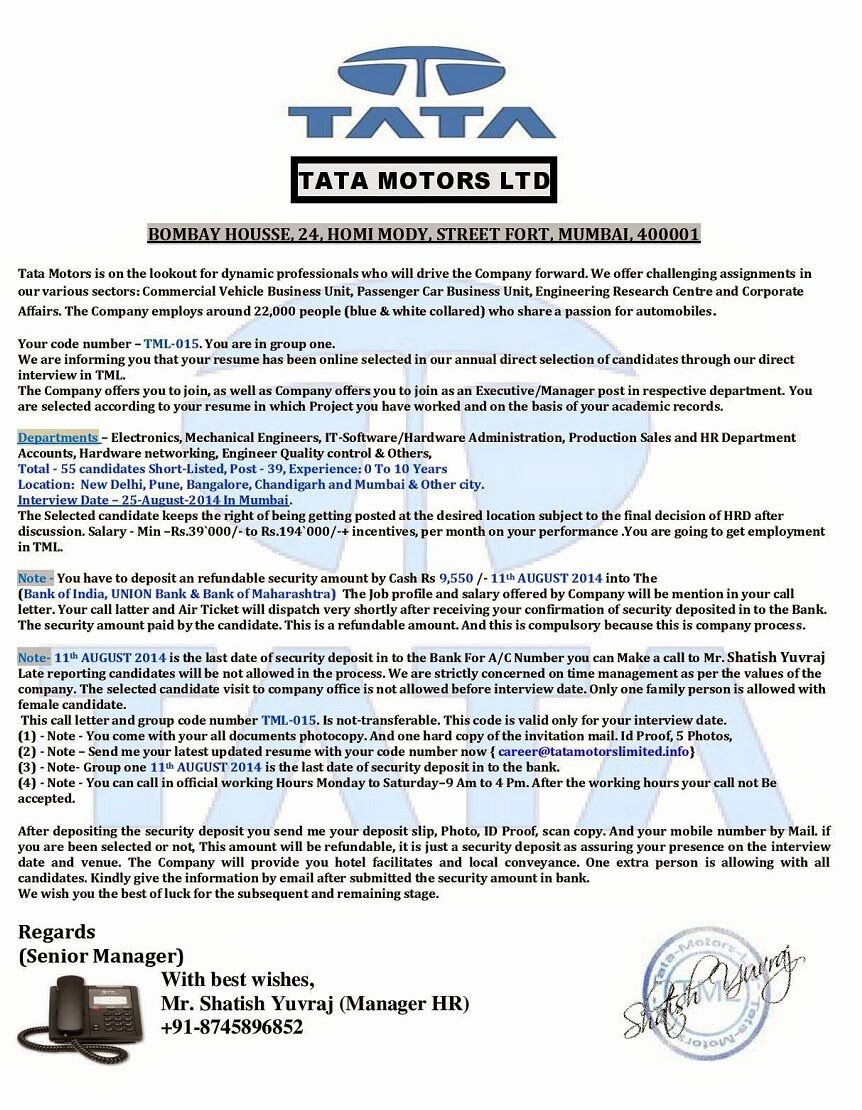 Fake Tata Motors Interview Call Letter Details Apnaahangout