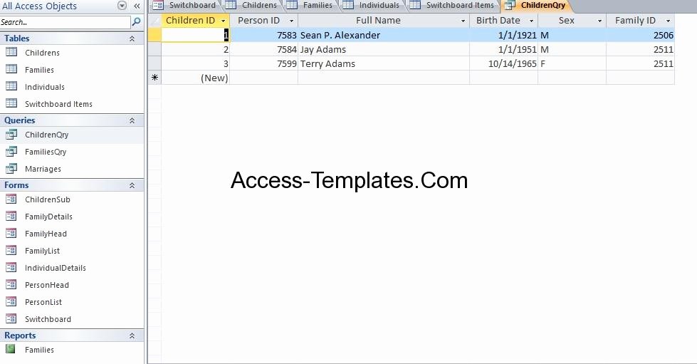 Family Tree Template Genealogy for Microsoft Access 2007