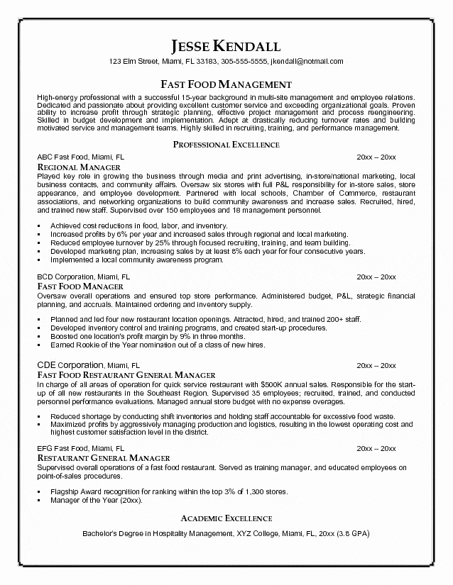 Fast Food Manager Resume