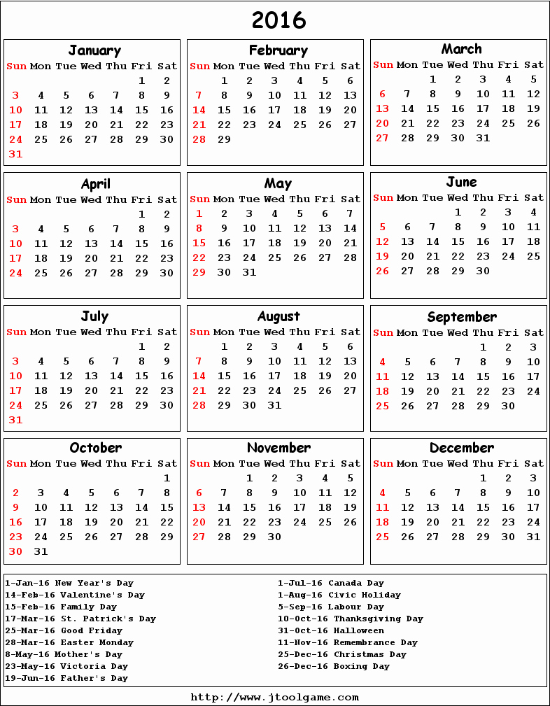 February 2016 Calendar Canada – 2017 Printable Calendar
