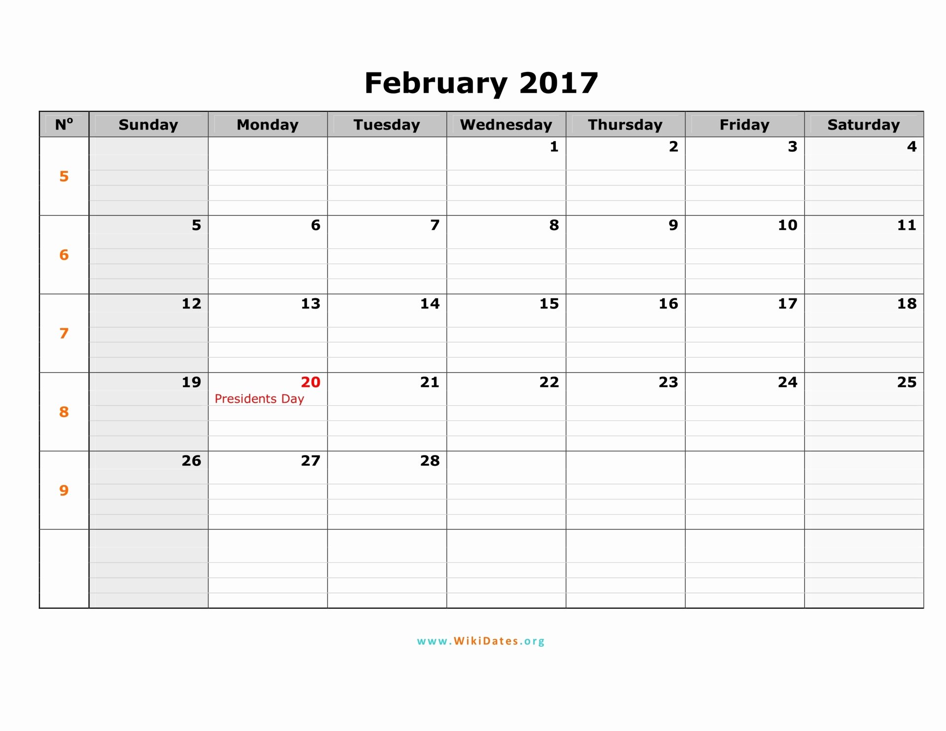 February 2017 Calendar Excel