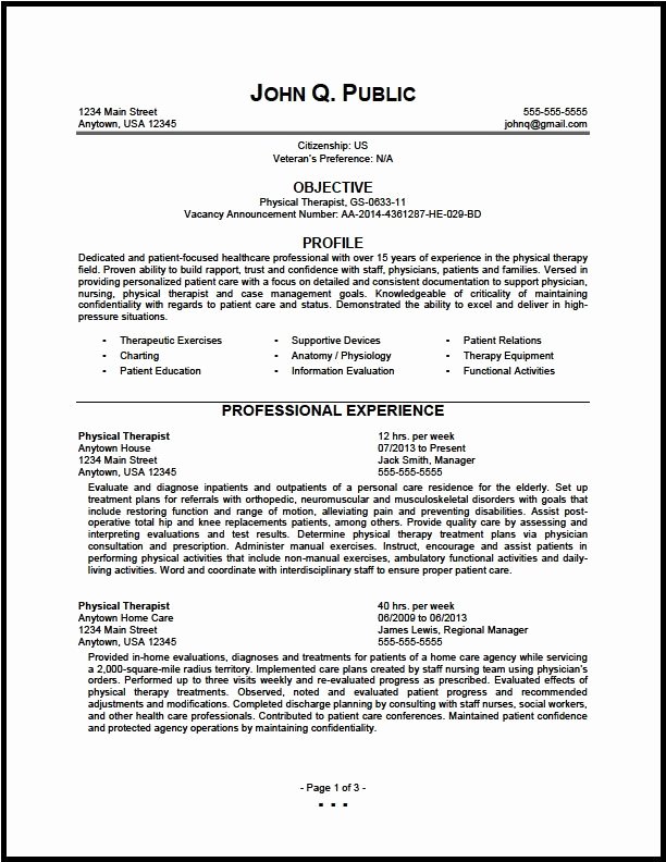 Federal Physical therapist Resume Sample the Clinic Best