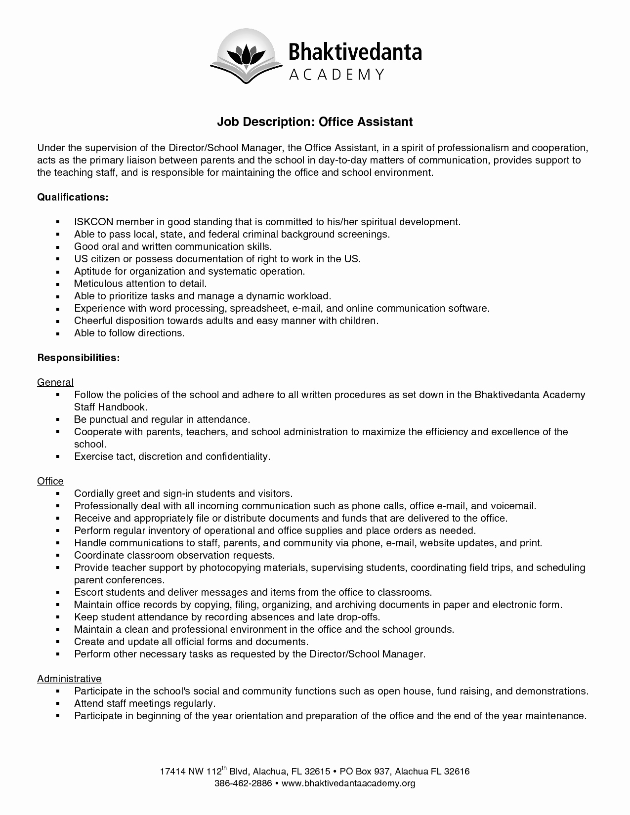 Fice assistant Job Description Resume 2016
