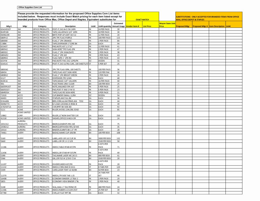 Fice Equipment and Supply List Control Template Example