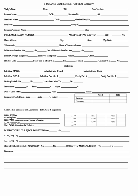 Fillable Insurance Verification form for oral Surgery