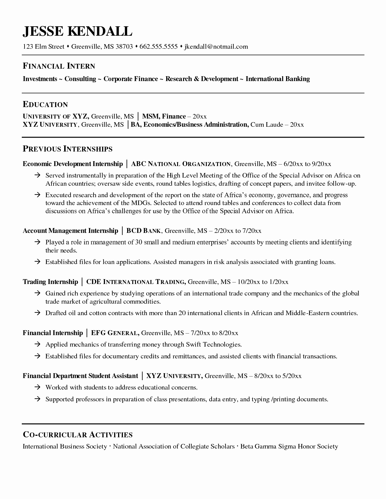 finance internship resume objective