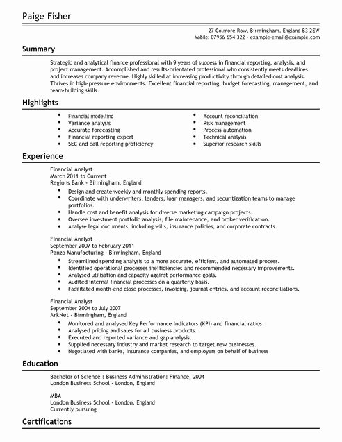 Financial Analyst Resume Summary Highlights