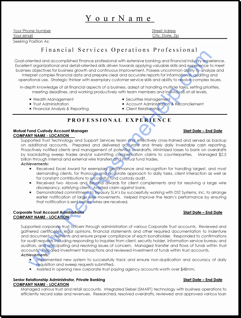 Financial Services Operation Professional Resume Sample