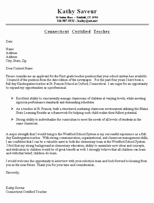 First Grade Teacher Cover Letter Example