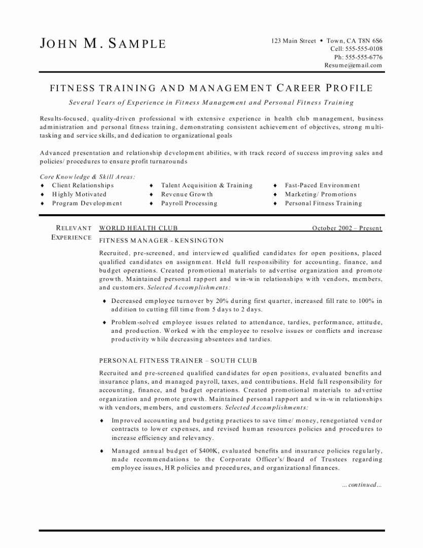 Fitness Trainer and Manager Resume