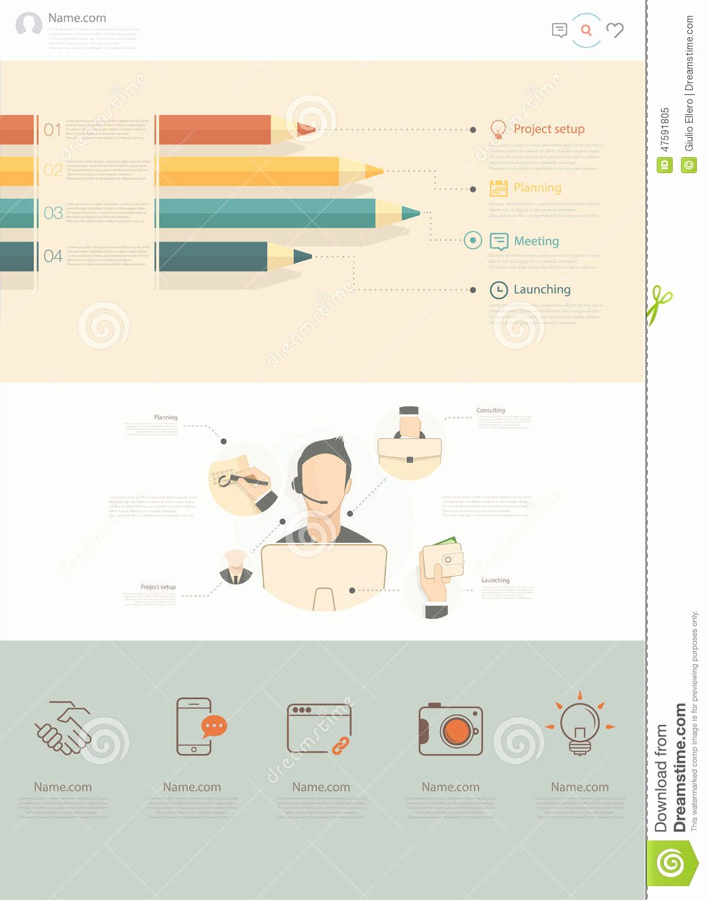 stock illustration flat website design template business illustrations one page set includes one page templates set concept image