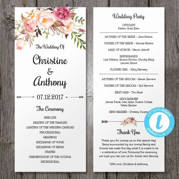Floral Bohemian Wedding Program Template Instant by