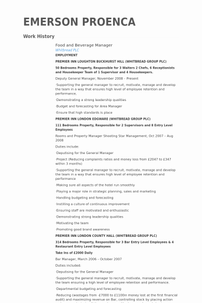 Food and Beverage Manager Resume