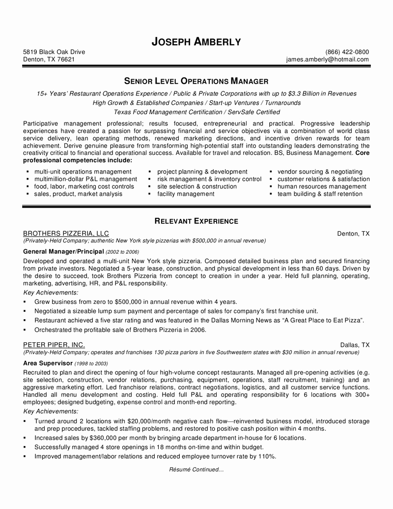 Food Production Manager Resume Sample