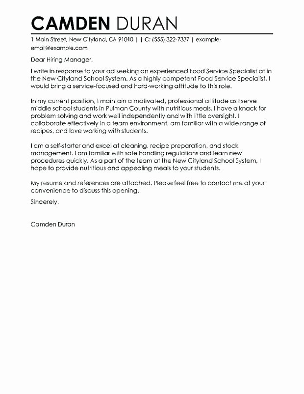 Food Service Cover Letter Customer Service Cover Letter