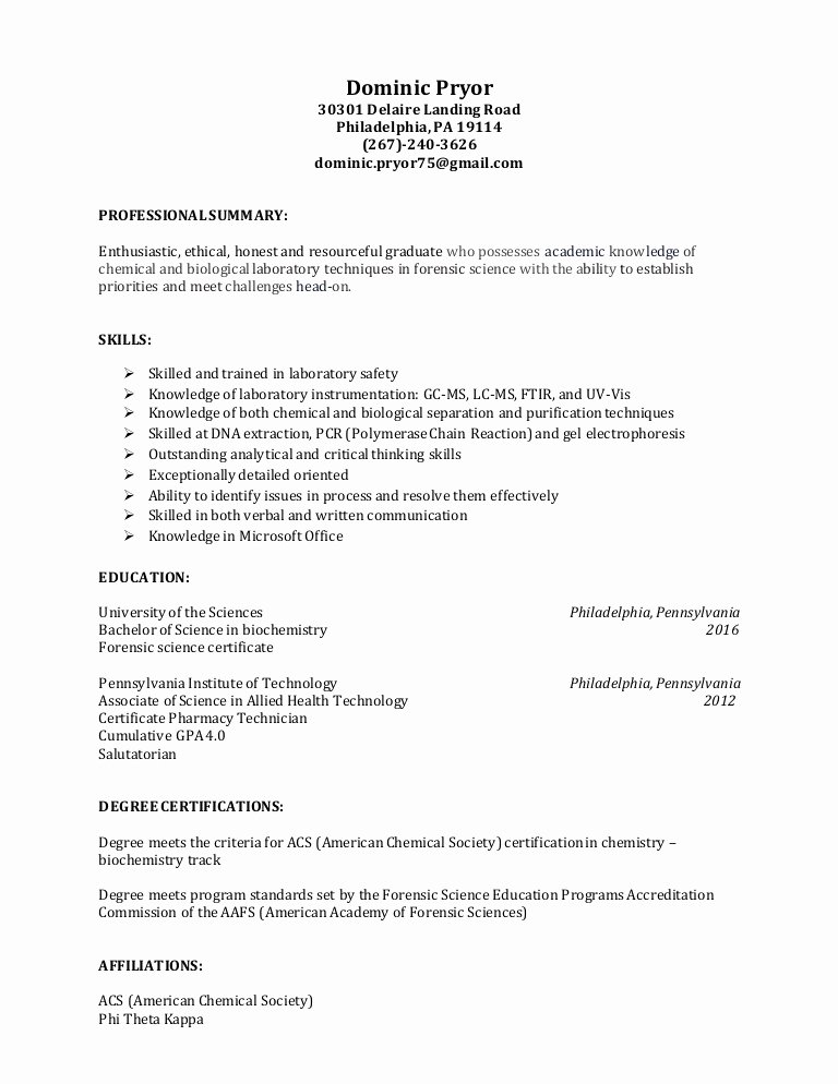 Forensic Science Student Resume