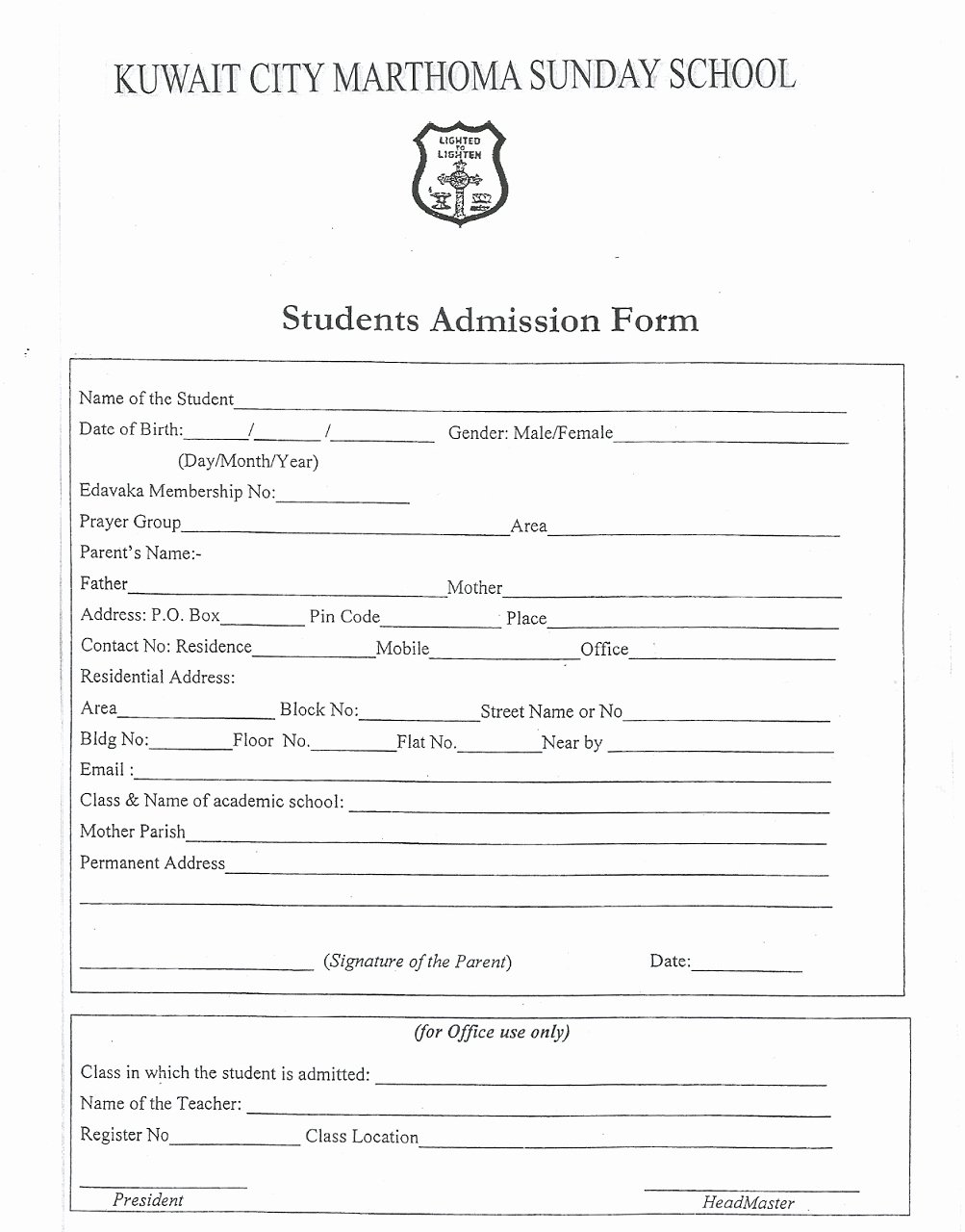 Form Sunday School Registration form