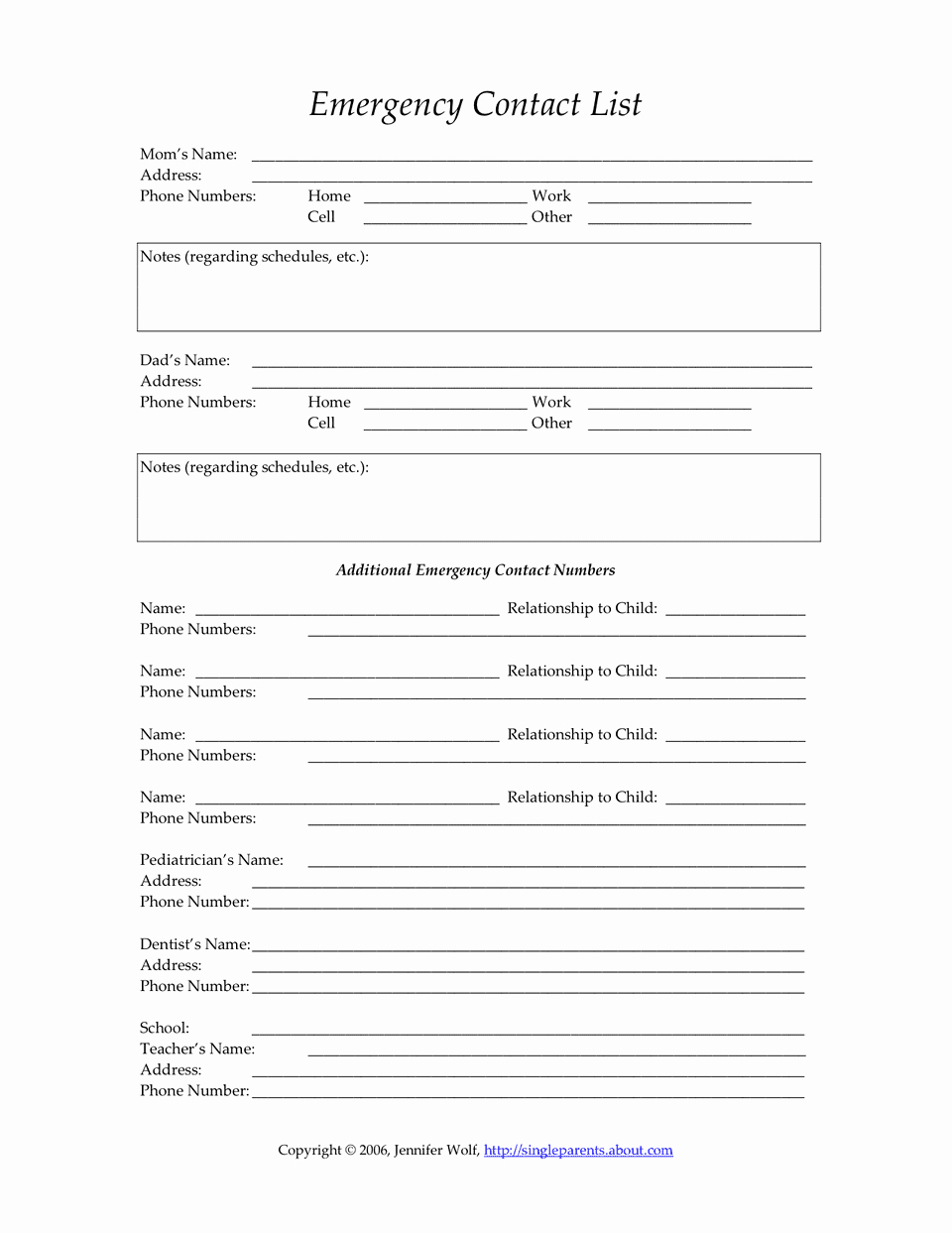 Form Templates Child Care Emergency Contact form Child