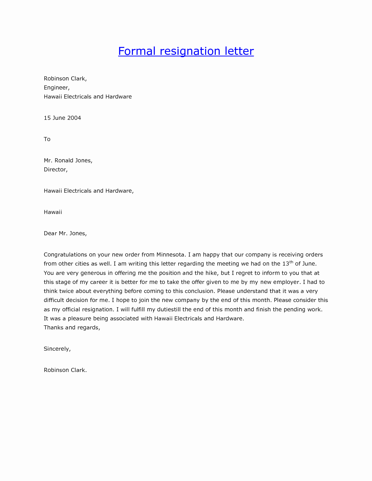 Formal Letter Of Resignation Template