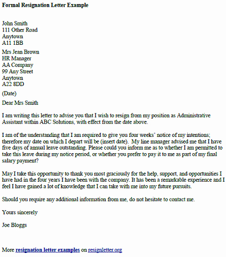 Formal Resignation Letter Example Resignletter