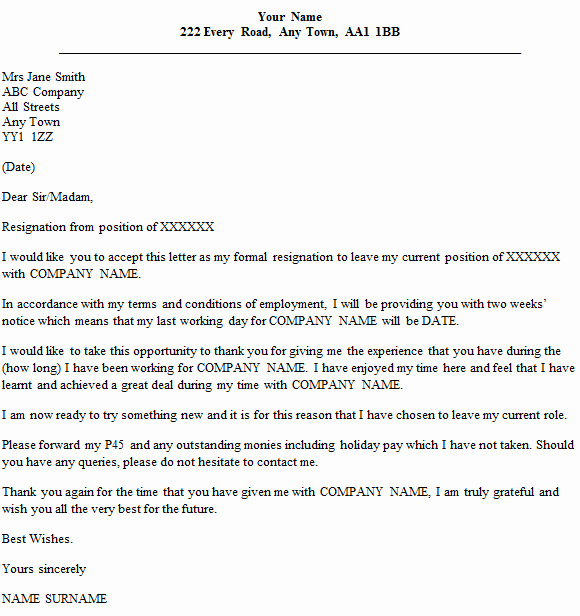 Formal Resignation Letter Example with Two Weeks’ Notice