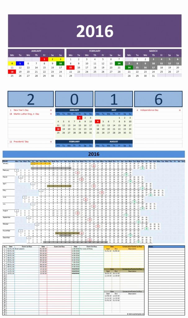Free 2016 Excel Calendars Template