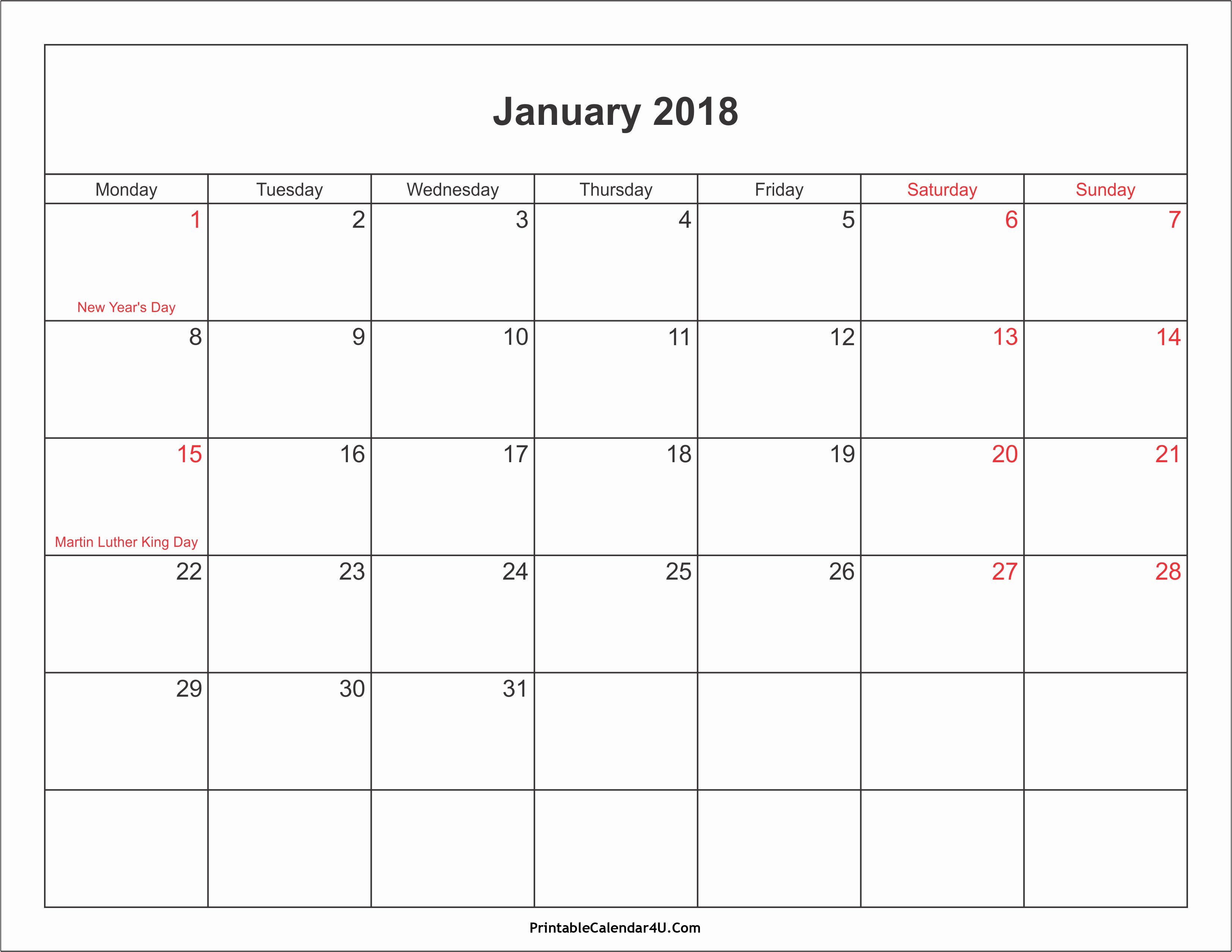 Free 2018 Calendar with Holidays